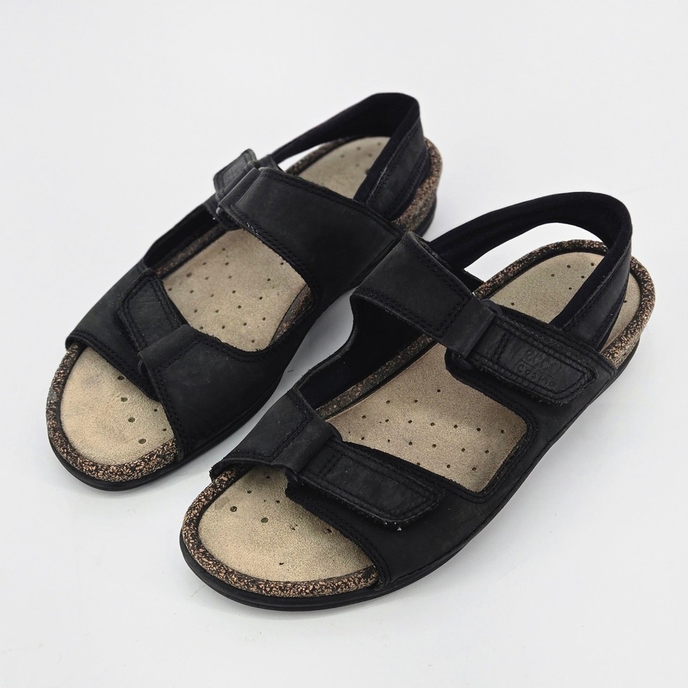 ECCO Cosmic Black Leather Double Strap Cork Gorpcore Comfort Sandals 41 Vintage